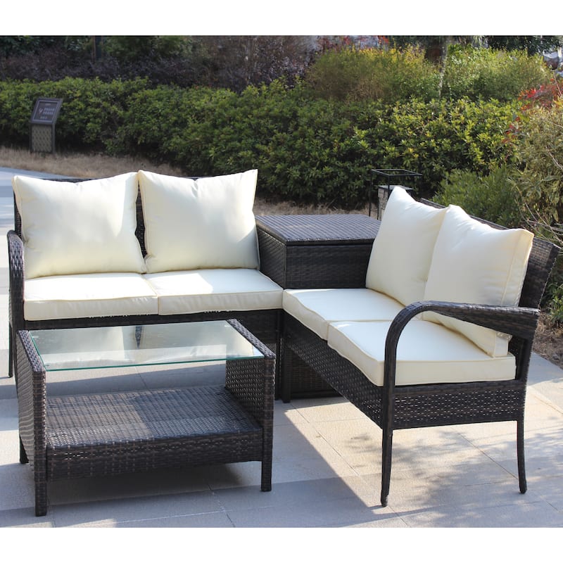 4 Piece Patio Sectional Wicker Rattan Outdoor Furniture Sofa Set with Storage Box Brown