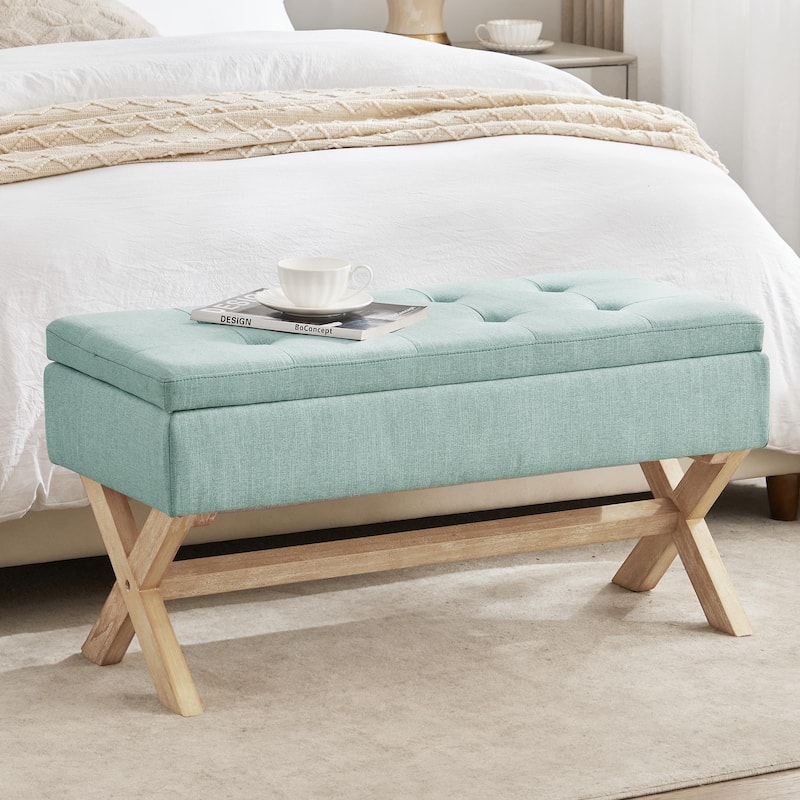 Fabric Entryway Bench Beige/ Grey Upholstered Storage Bench with X-Shaped Legs, 36-inch - Green