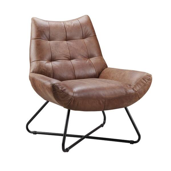 slide 2 of 7, Aurelle Home Handcrafted Leather Lounge Accent Chair Brown