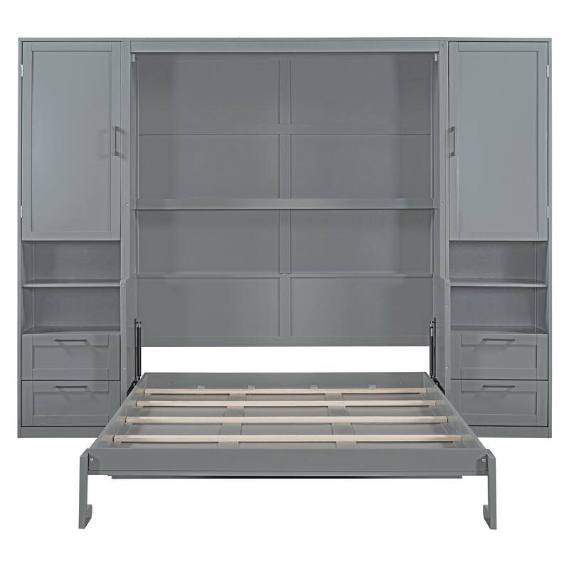 Queen Size Murphy Bed Hidden Wall Bed with Both Sides Closet Drawers and Storage Shelves, Space-Saving Versatile Murphy Bed