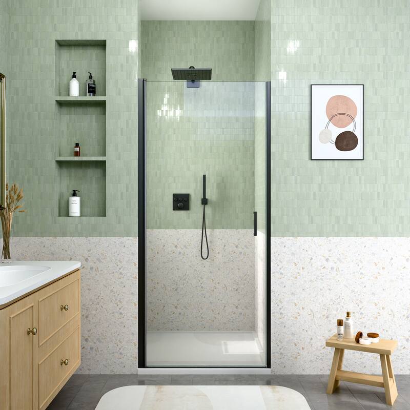 GDFStudio - Modern America Design Semi-Frameless Circular Pivot Shower Door with 1/4" SGCC Tempered Glass & Magnetic Soft-close - 34" W x 72" H - Matte Black