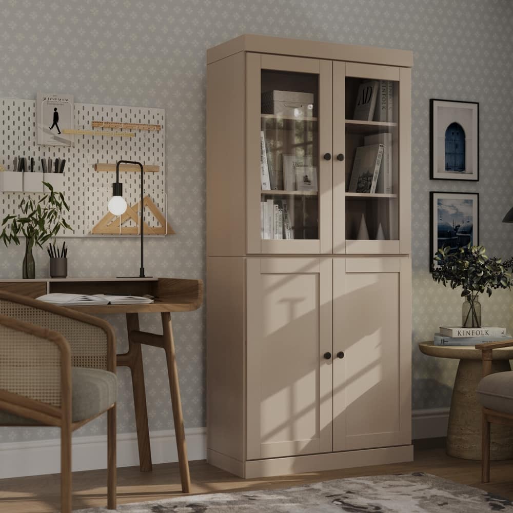 Palace Imports 100% Solid Wood 6-Shelf Bookcase, Shaker & Clear Glass Doors, Adjustable Shelves, 32" Wide, 71.5" Tall