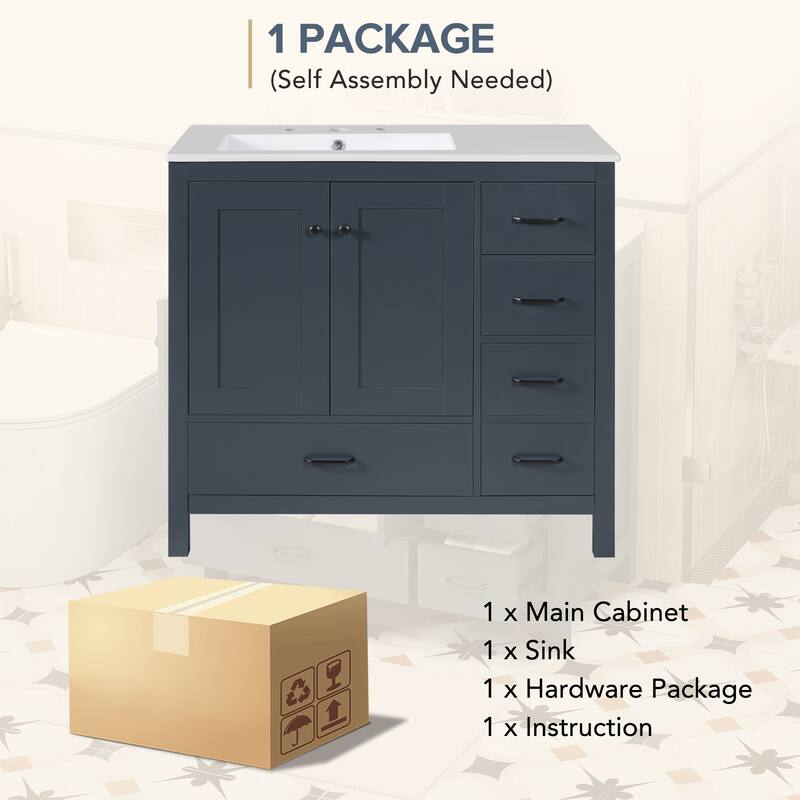 36" Vanity Set – Ceramic Sink, Soft-Close Doors & 5 Drawers‌