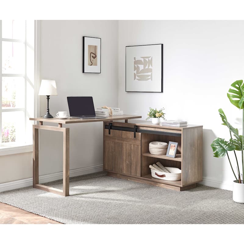 GDFStudio - Liam L-Shaped Home Office Desk with Attached Storage Credenza and Sliding Barn Door for Organized Productivity - Brown - L-shaped