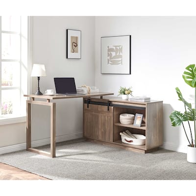 GDFStudio - Liam L-Shaped Home Office Desk with Attached Storage Credenza and Sliding Barn Door for Organized Productivity