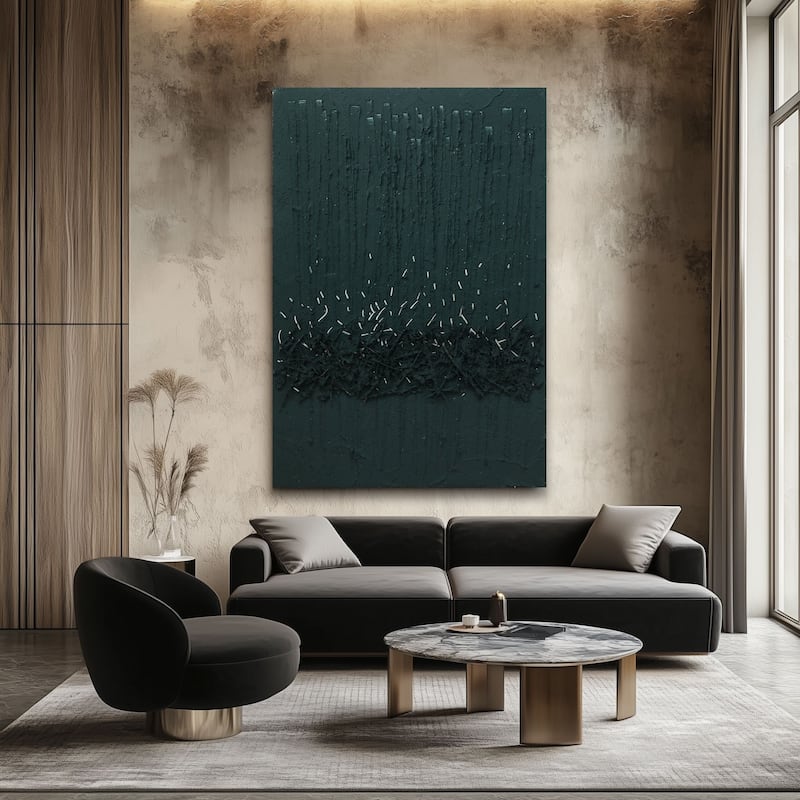 Teal Green Charcoal Hand Painted Abstract Modern Textured Canvas Art