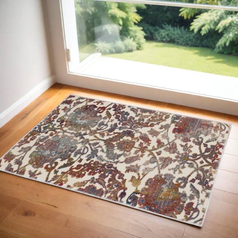 Kaga Power Loomed Distressed Floral Traditional Non Skid Area Rug By HomeRoots - 48' X '24' X '0.5 - 48' X '24' X '0.5 - Cream/Onyx - Rectangle