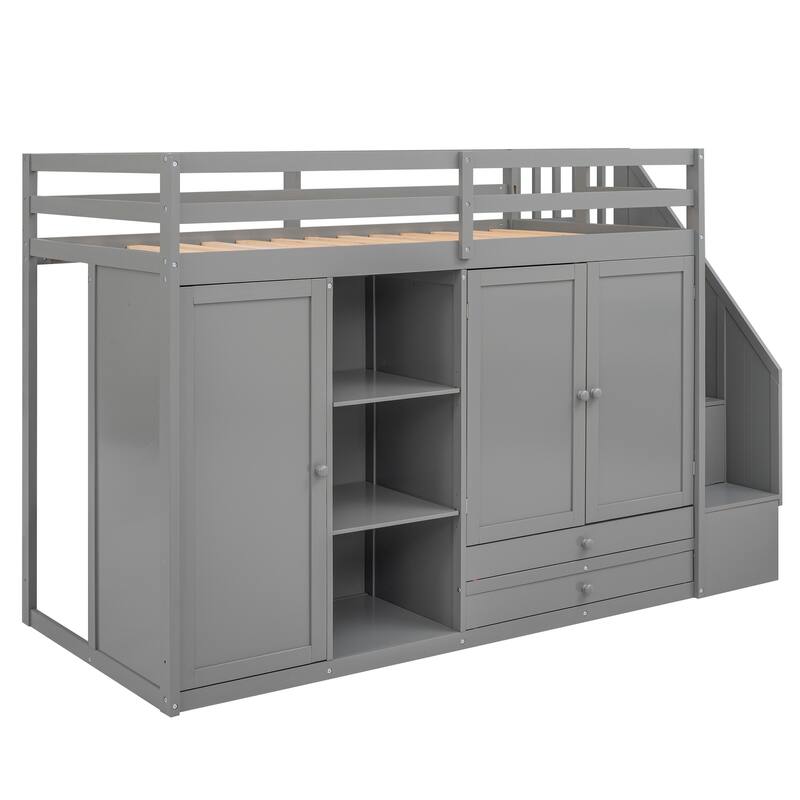 Space-Saving Loft Bed with Shelves, Wardrobes, Drawers, and Storage Ladder, Gray