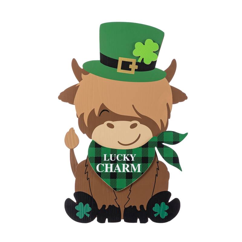Glitzhome 24"H St. Patrick's Wooden Highland Cow Porch Sign