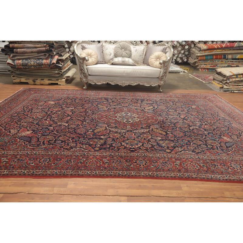 Hand Knotted Oriental 100% Wool Carpet Traditional Floral Navy Blue & Blues Kashan Area Rug - 14' 2'' X 10' 0''