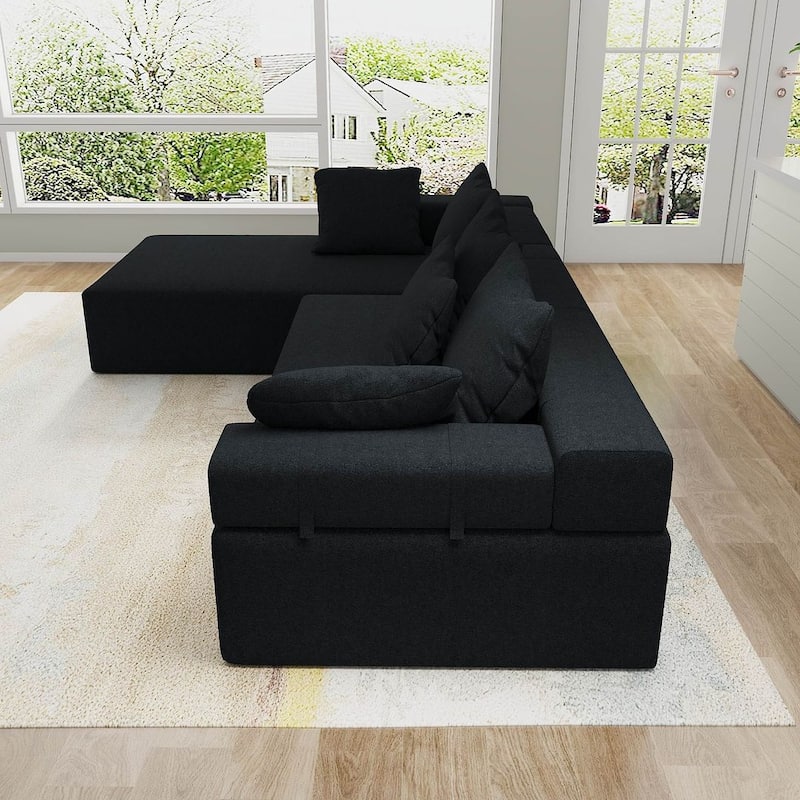 L-Shaped Chenille Sectional Sofa Modern Modular Cushion Back Couch Sofa With 6 Pillows for Living Room