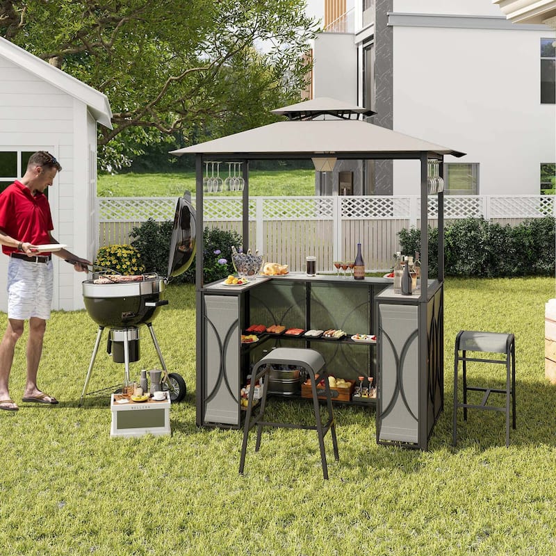 3-Piece Patio Bar Set w/ 2 Stools & Metal Storage BBQ Gazebo Shelter