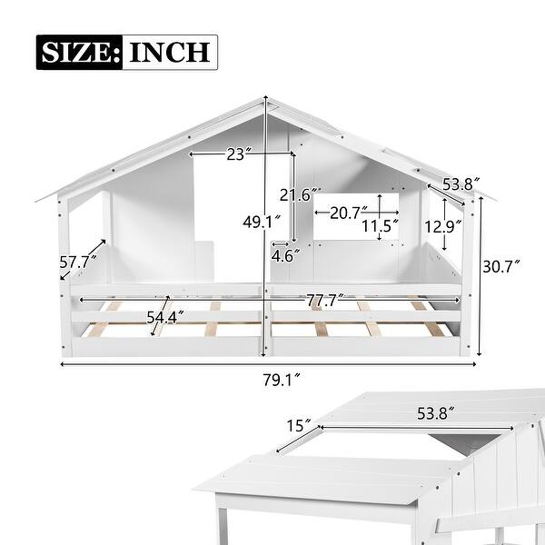 dimension image slide 0 of 2, Full Size Solid Wood House Bed with Roof and Guardrail for Kids