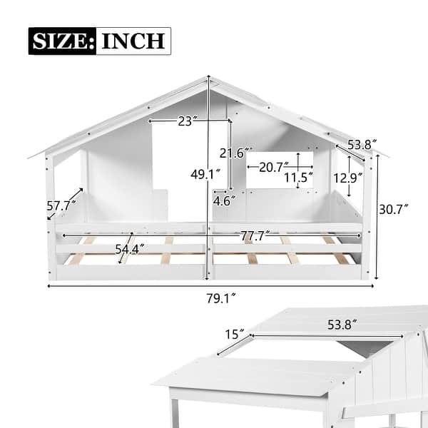 dimension image slide 4 of 5, Wood House Bed with Roof & Door, Window and Guardrail