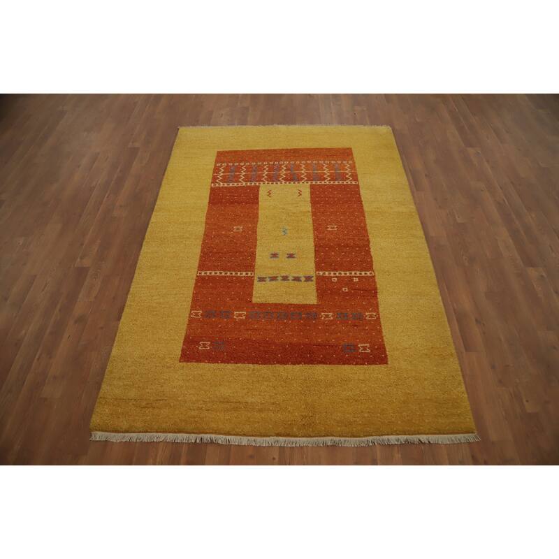 Hand Knotted Oriental 100% Wool Carpet Modern Geometric Yellow & Gold Gabbeh Area Rug - 6' 5'' X 4' 7''