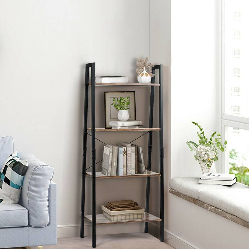 4-Tier Ladder Shelf Bookshelf Display Rack with Metal Frame for Home Office - 22" x 13" x 54.5" {L x W x H) - Brown