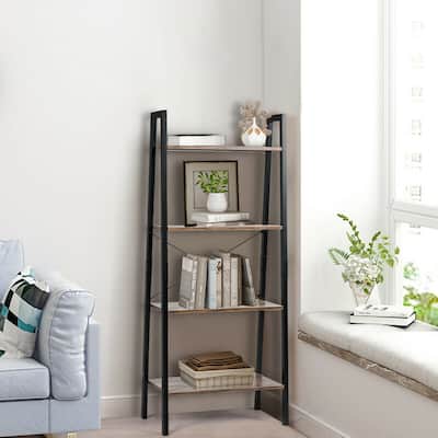 4-Tier Ladder Shelf Bookshelf Display Rack with Metal Frame for Home Office - 22" x 13" x 54.5" {L x W x H)