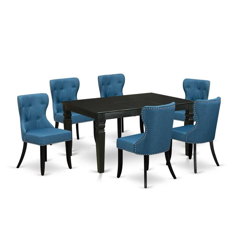 Boho Dining Set - 6 Parson Chairs & Kitchen Table - Linen Fabric Mineral Blue & Black - 60