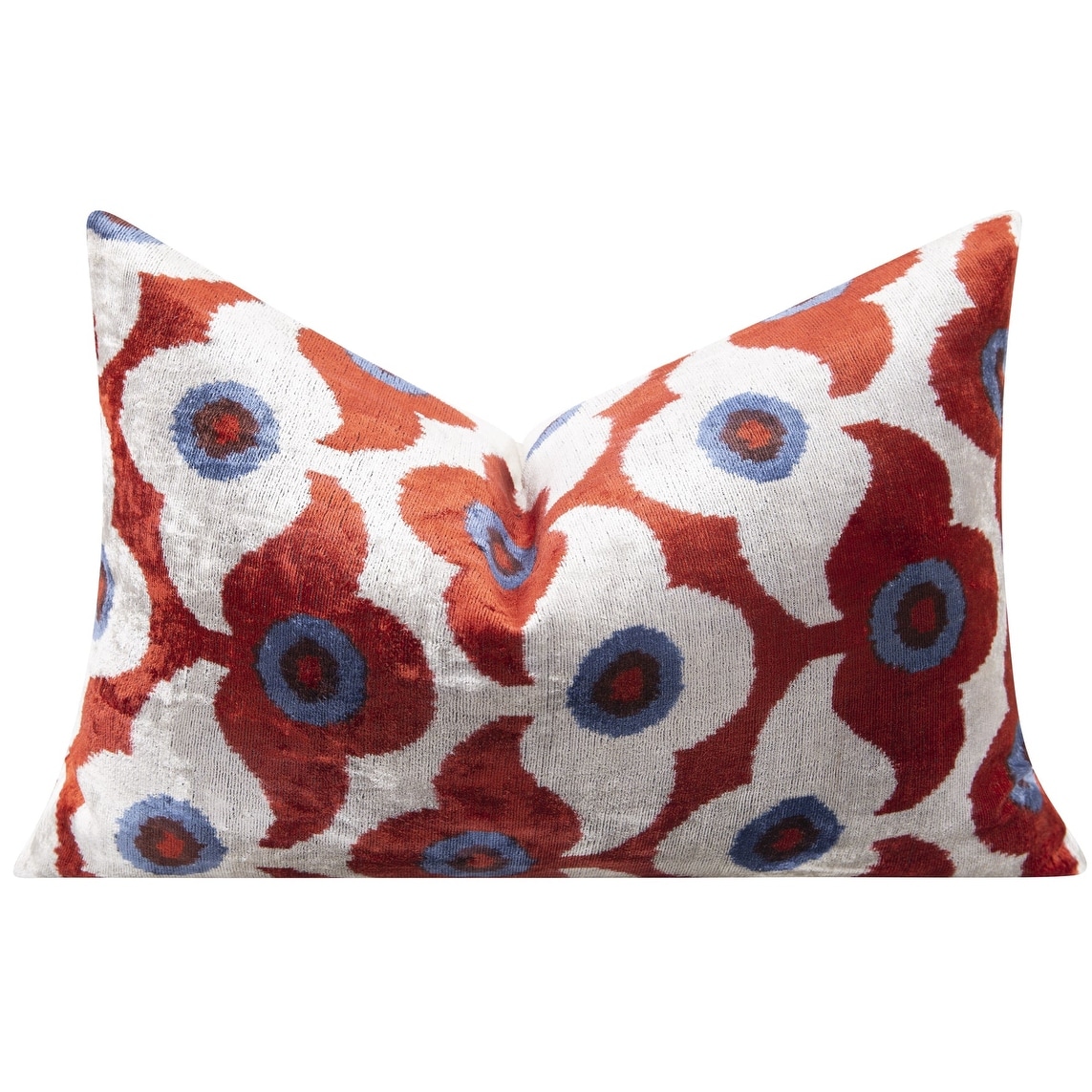 Luxury Handmade Silk Velvet Pillow 16x24, Red Rust, Blue & White Design, Super Soft - 16"x24"