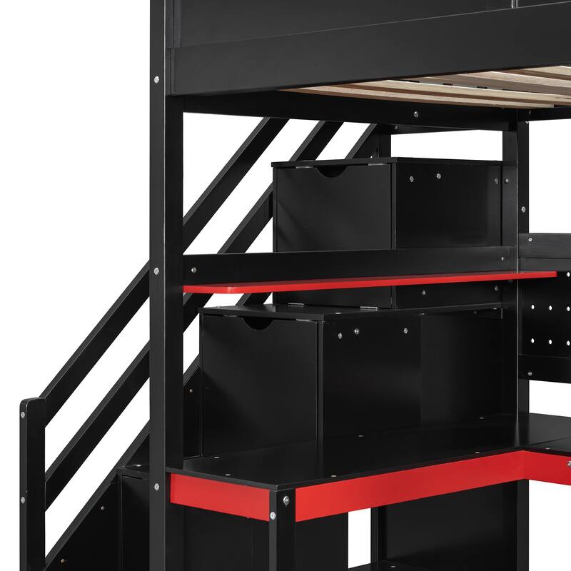 Roomfitters Twin Size Gaming Loft Bed, Integrated Desk, Storage Stairs & Pegboard, Esports Inspired Sleeper System
