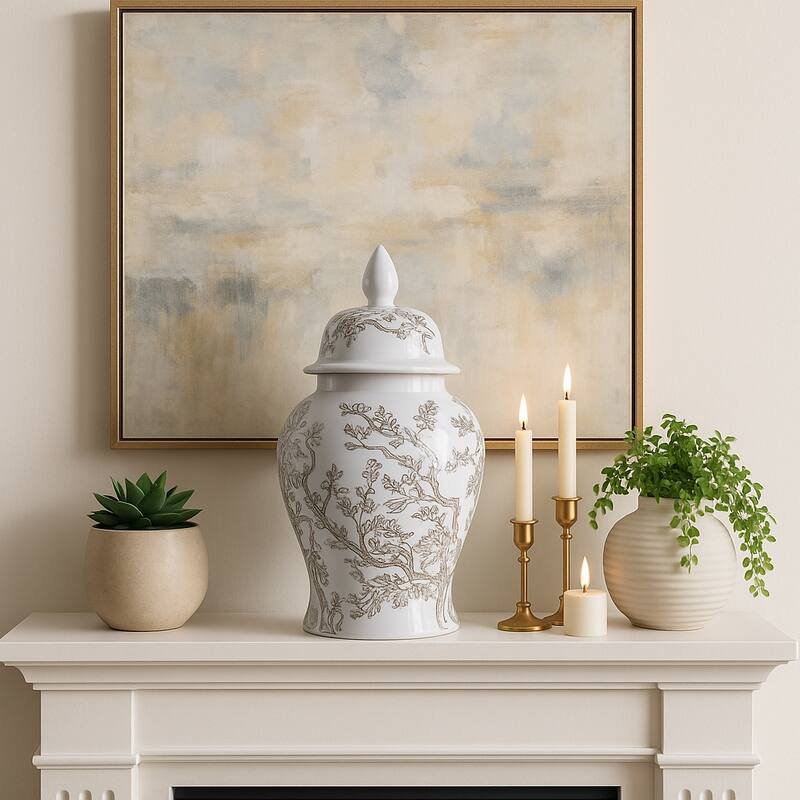 Decorative Ceramic Cherry Blossom Temple Jar with Lid - White & Brown - 18.5"