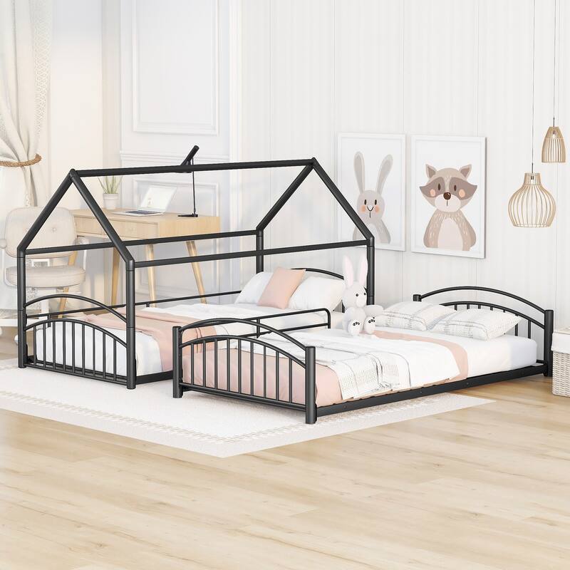 Twin Over Twin Metal Bunk Bed With Slide, Kids House Bed Metal Platform Bed Frame Divided into 2 Beds for Kids Teens Bedroom