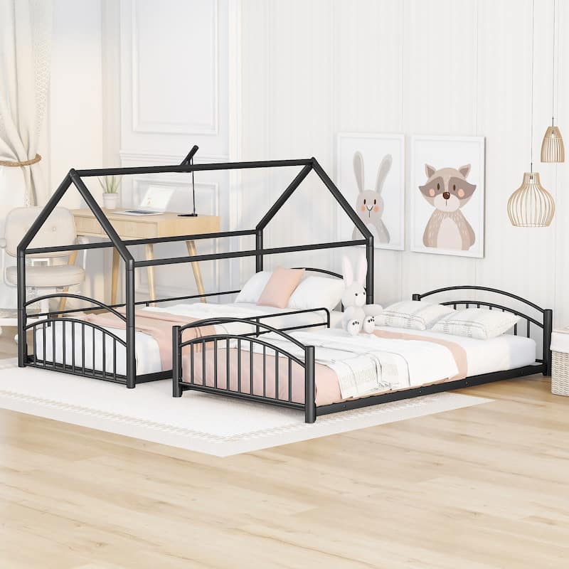Twin over Twin Size Metal Bunk Bed With Slide, Roof, Fence and Ladder for Bedroom