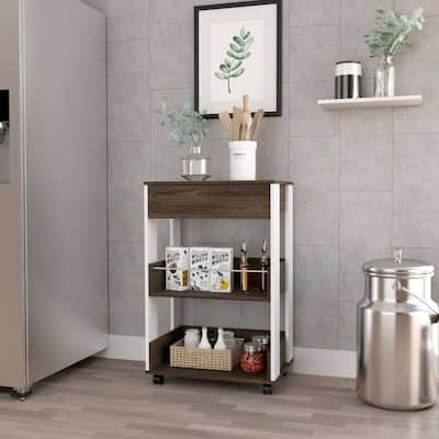 Modern Kitchen cart 35" H, Four Casters, Three Shelves, White / Dark Walnut