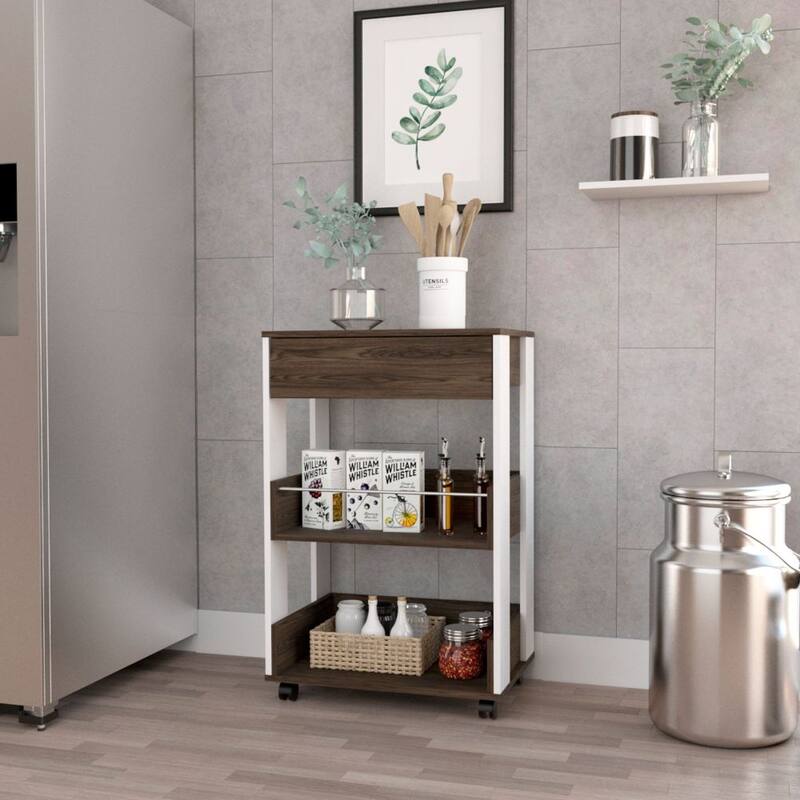 Rolling Kitchen Cart, 35" H, 3 Shelves, Four Casters, White & Dark Walnut Finish