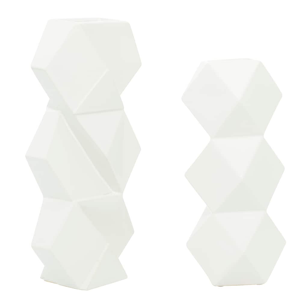 Ceramic Faceted Vase with Diamond Shapes - Set of 2 White - CosmoLiving by Cosmopolitan - 4"W x 7"L x 16"H