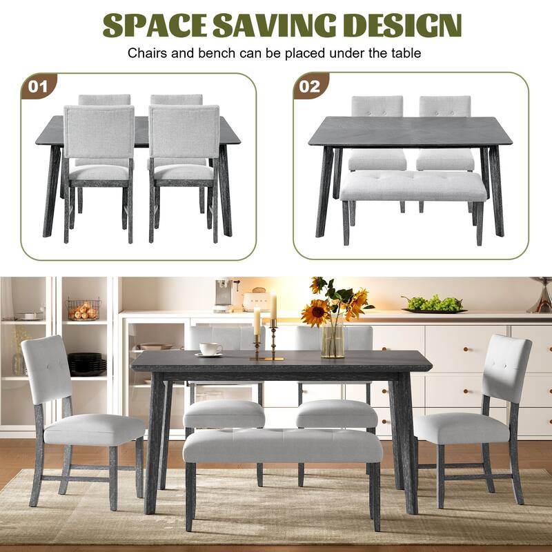 Solid Wood Dining Table Set for 6, Farmhouse Kitchen Table with 4 Upholstered Chairs and Bench, Rustic Finish