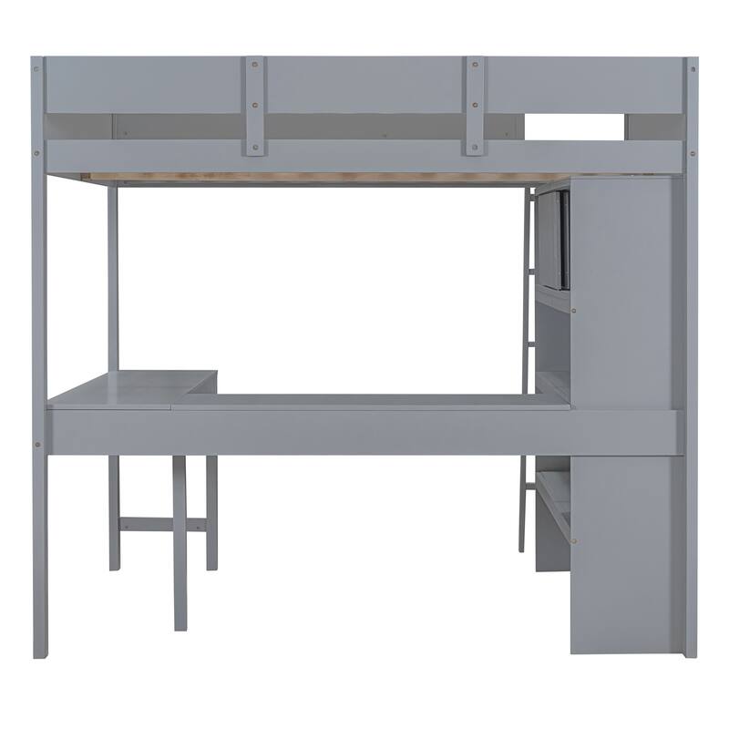 Full Size Loft Bed with Desk and Shelf in Gray and White