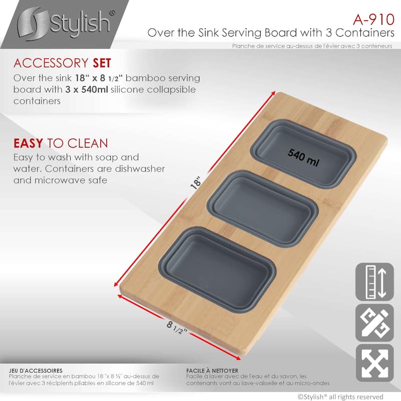 STYLISH 17 inch Workstation Sink Divided Serving Board with 3 Collapsible Containers - 18" x 8.5"