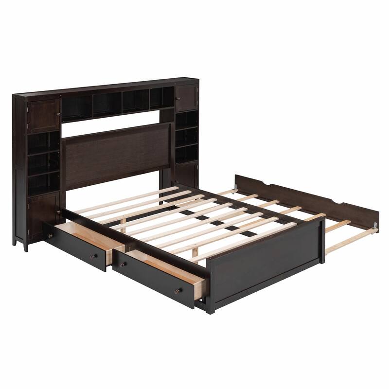 Wooden Bed with Built-in Cabinet, Shelf, and Sockets