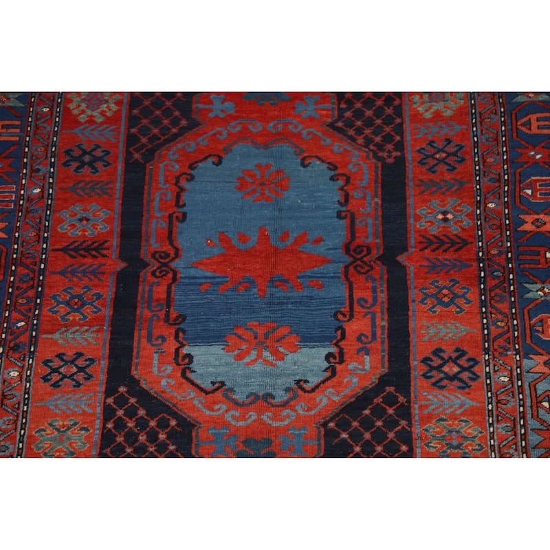 Orange & Blue Kazak Vegetable Dye Vintage Rug Hand-Knotted Wool Carpet - 5'4" x 8'1"