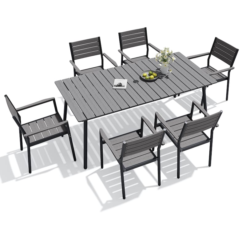 7/9-piece Outdoor Aluminum Rectangle Patio Dining Table with Umbrella Hole and Chairs - 70.9in-Grey