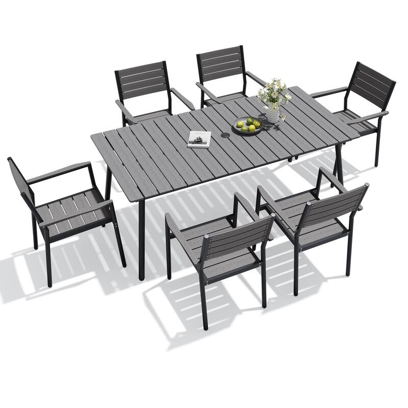 7-Piece Outdoor Patio Dining Set Wood-Like Table Top Alumium Umbrella Hole Table with Stackable Armrest Chairs