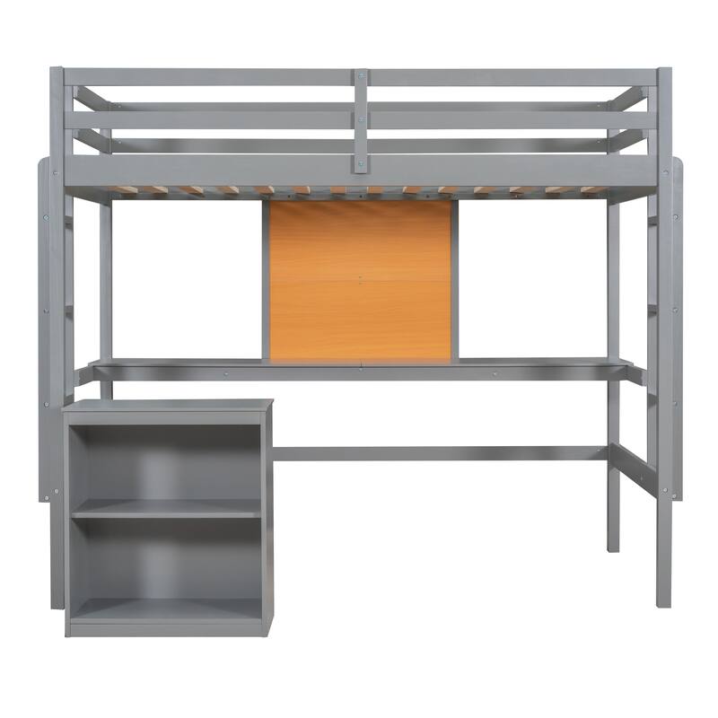 Twin Size Loft Bed with Desk, Writing Board, and 2 Drawers Cabinet - Gray