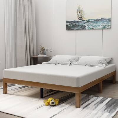 Queen Size Rubber Wood Platform Bed Frame, Simple and Elegant Panel Bed Design, Strong Solid Wood Slats