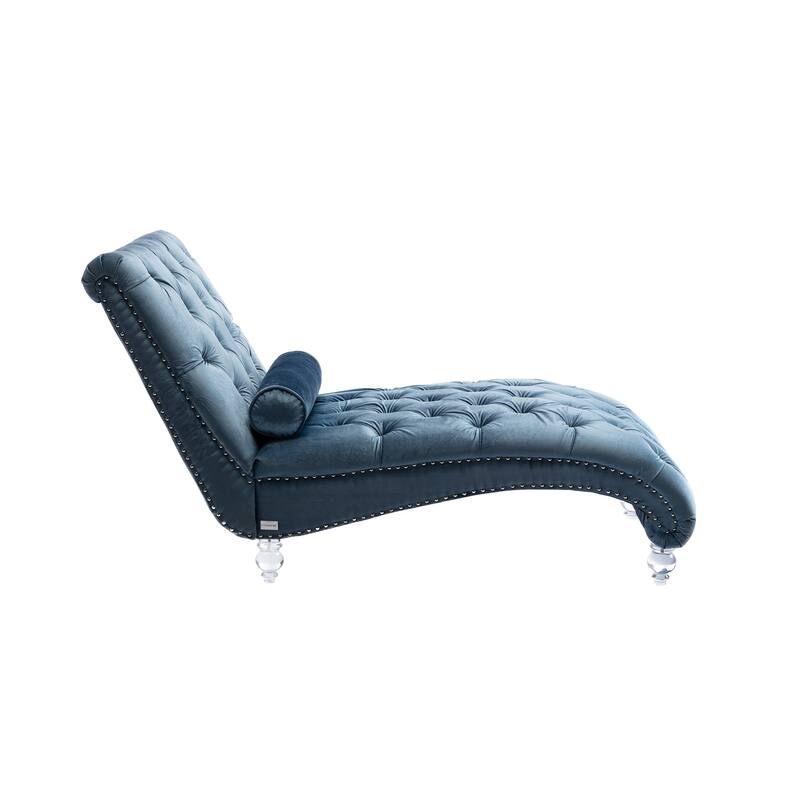 Velvet Tufted Chaise Lounge Chair Ergonomic S Shape Recliner with Pillow, Nailhead Trim and Acrylic Legs for Indoor Use