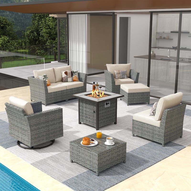 XIZZI 8-piece Outdoor Furniture Wicker Sofa Set with Fire Pit - Beige
