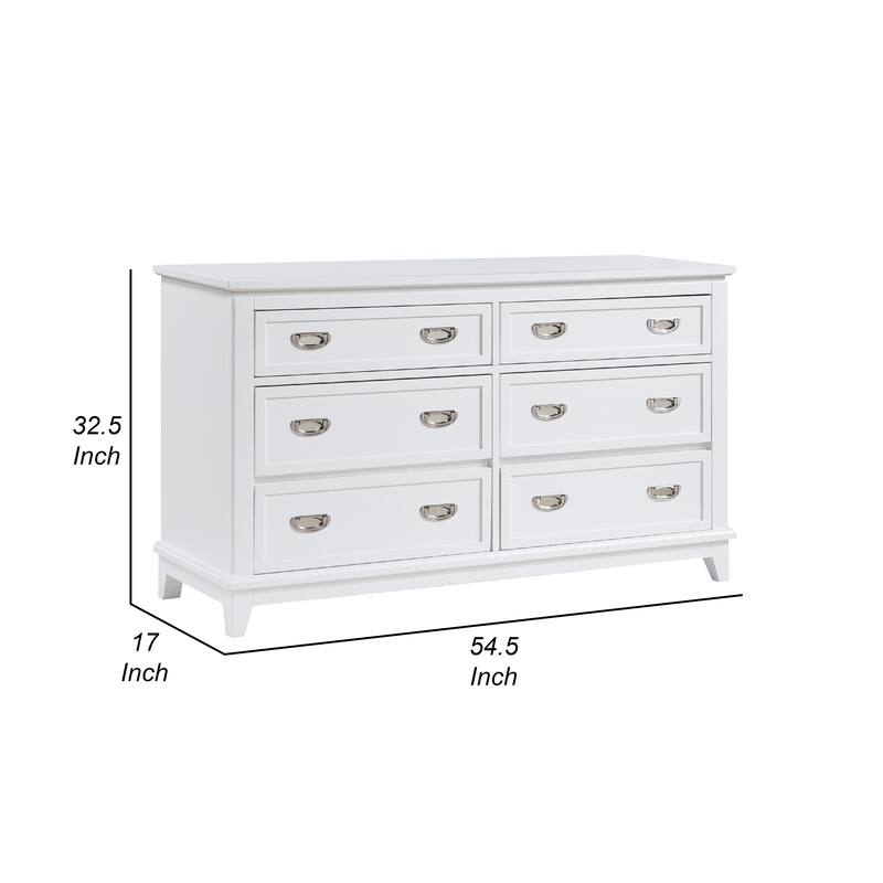 Sely Dresser, 55 Inch, 6 Drawers, White Wood, Nickel Ring Handles