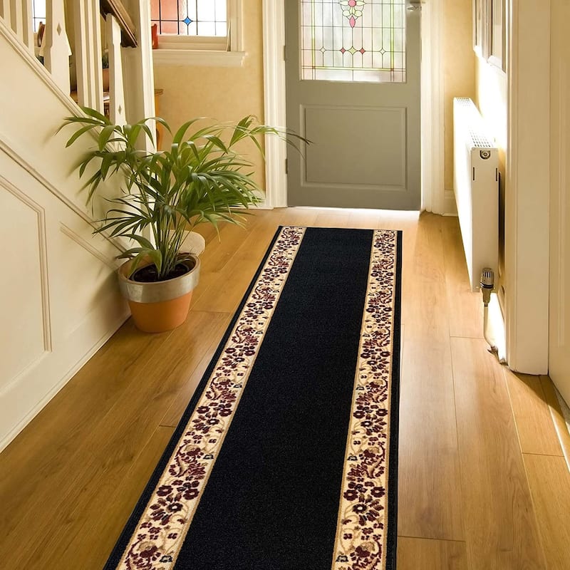 Custom Size Flower Bordered 31 Inch Wide Non-Slip Stair Runner Rug - 29 Feet - Black