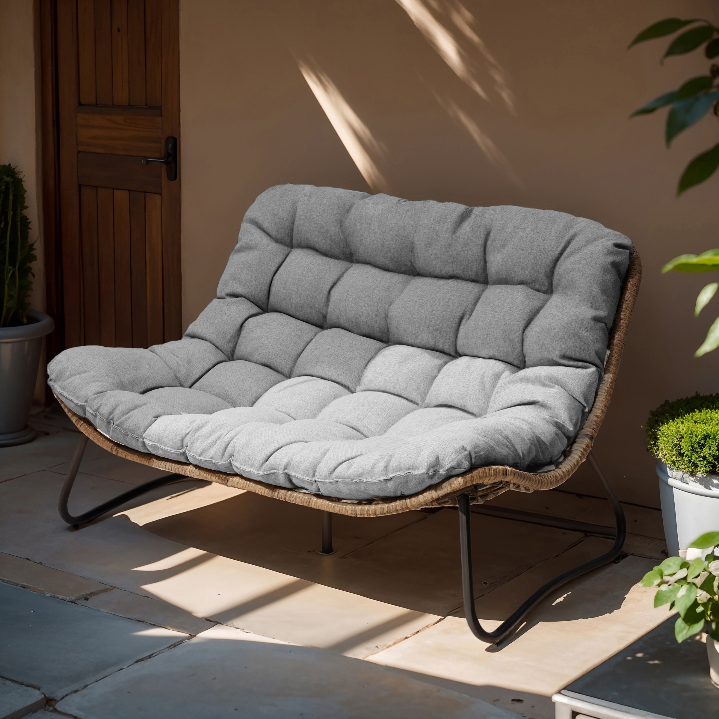 Option 1PC - Gray cushion,Brown rattan,Black frame