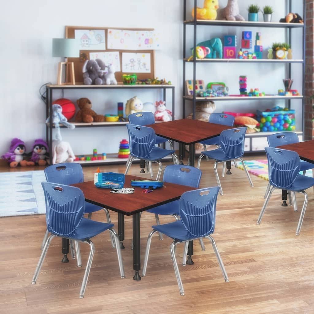 30 in. Square Height Adjustable Classroom Table - Cherry & 4 12-in Stack Chairs- Navy Blue