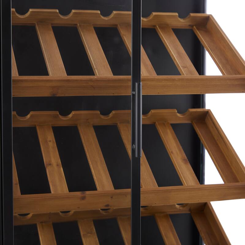 Black Wood 15 Bottle Storage Standing Wine Rack with Wine Glass Holders and Wood Accents
