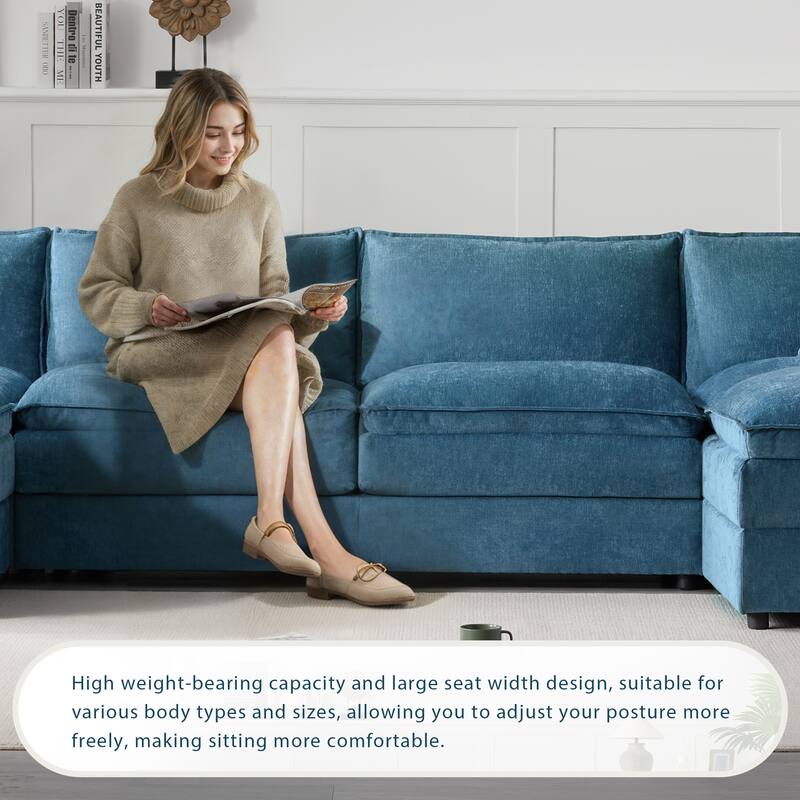 Contemporary Modular Sectional Sofa with Extra Wide Cushions and Movable Ottomans for Living Room or Guest Room