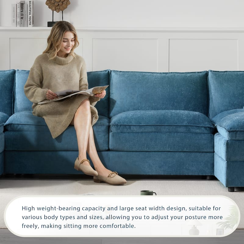 Double Cushions U-Shaped Cloud Couch Sleeper Bed w/ Movable Ottomans
