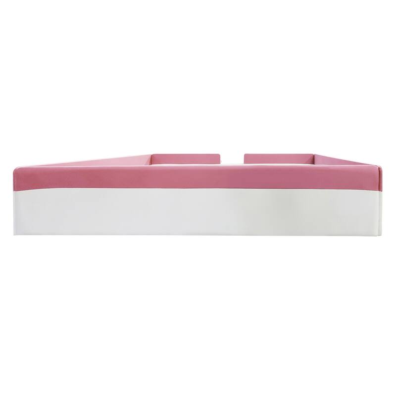 Roomfitters Upholstered Daybed Frame with Low Fence and Built-In Stairs, Soft Padded Guardrail Design, Pink and White