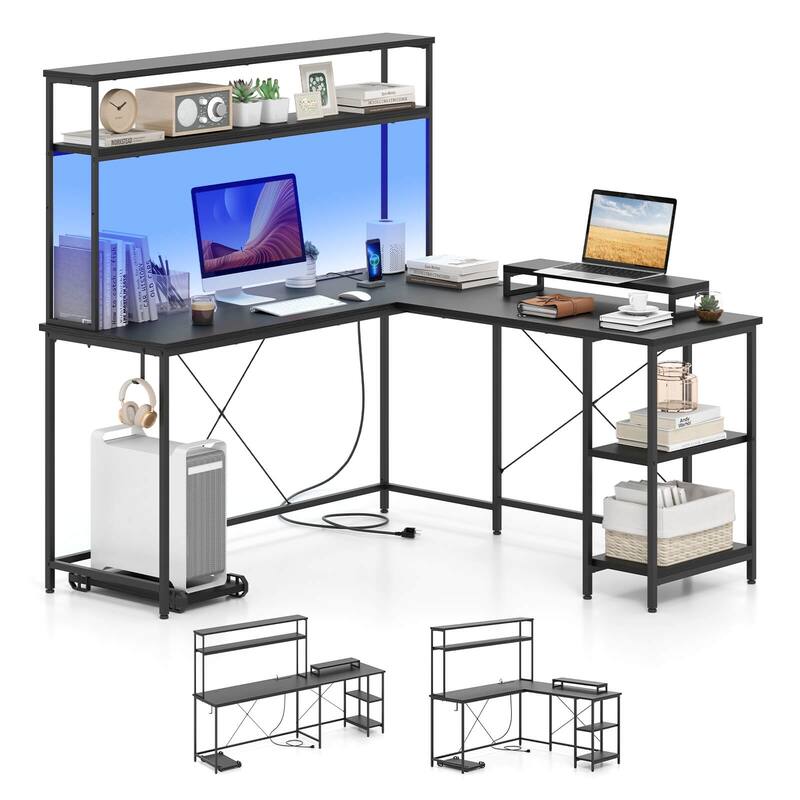 Costway L-Shaped Gaming Desk with LED Strip & Power Outlets Hutch - See Details - Black